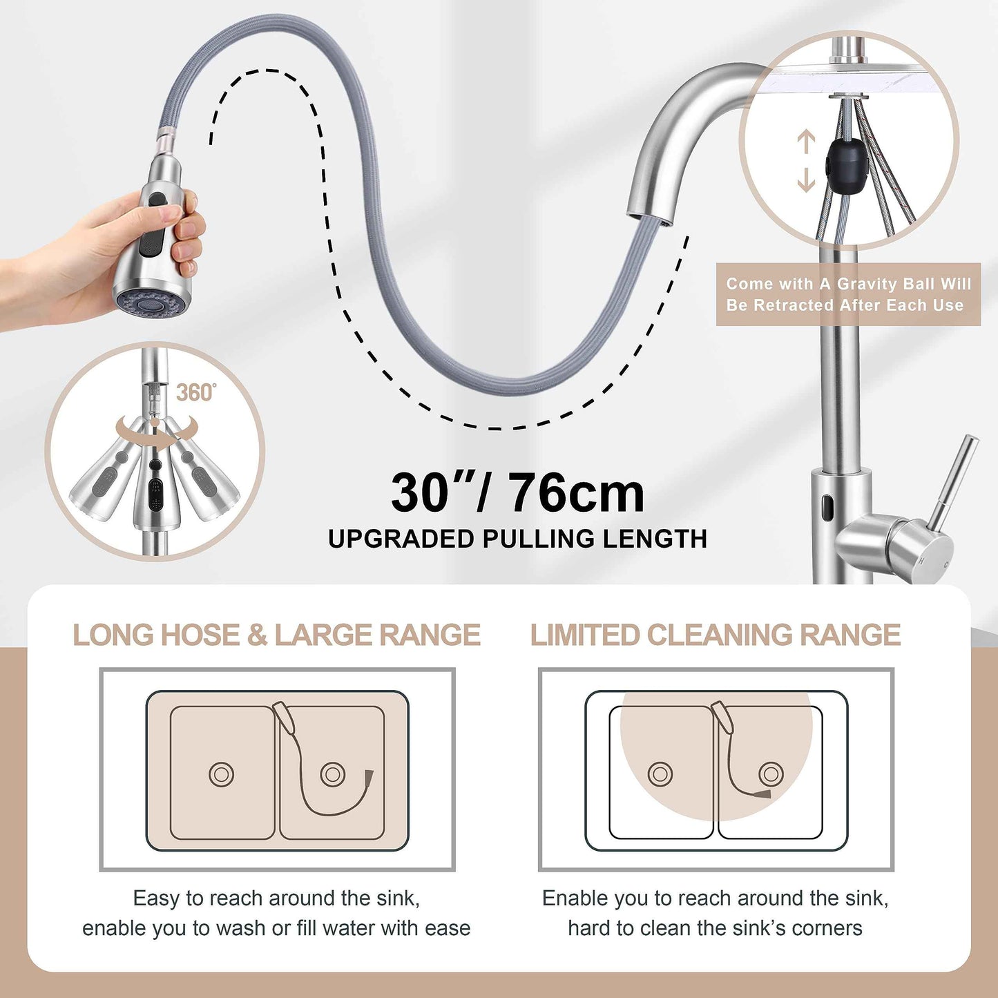 Touchless Kitchen Sink Faucet with Pull Down Sprayer, Herogo Brushed Nickel Stainless Steel Smart Activated Kitchen Faucet with Soap Dispenser, Single Handle Motion Sensor Tap for Farmhouse RV Sink