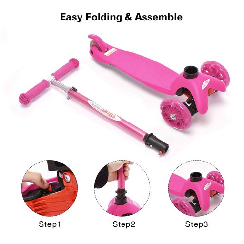 ChromeWheels Scooter for Kids, Deluxe 4 Adjustable Height 3 Wheels Glider with Kick, Lean to Steer with LED Flashing Light, Pink
