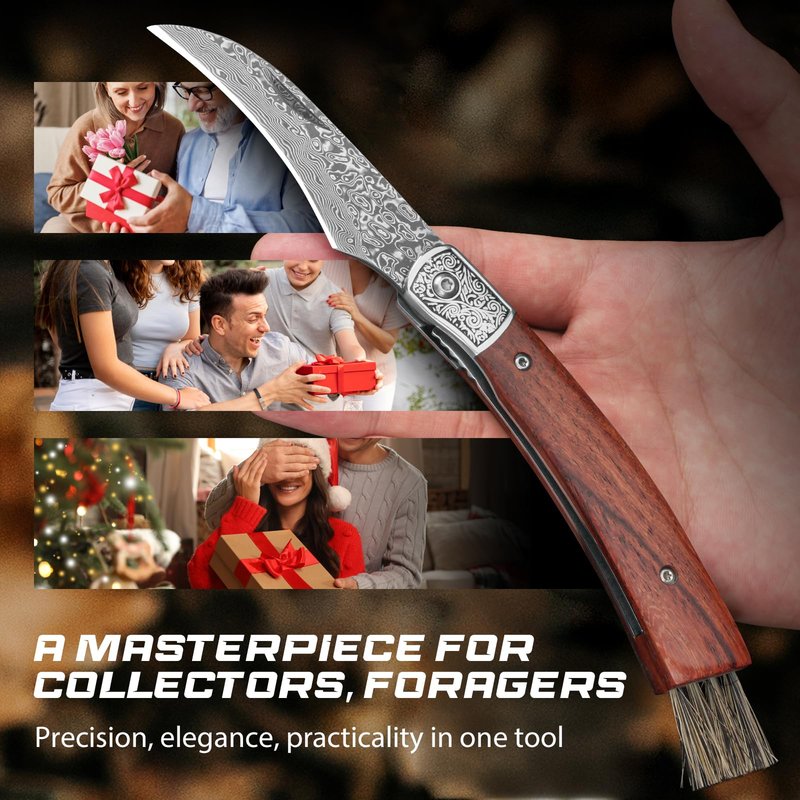 DRACHENADER Mushroom Knife with Brush, Folding Foraging Knife with VG10 Damascus Steel Blade, Curved Blade Mushroom Harvesting Knives with Leather Sheath for Camping