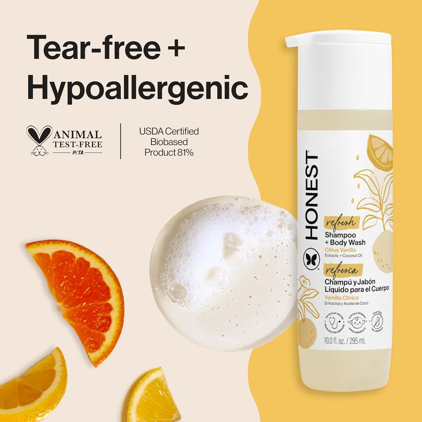 The Honest Company 2-in-1 Cleansing Shampoo & Body Wash - Gentle, Tear-Free, Hypoallergenic, Citrus Vanilla, 10 fl oz