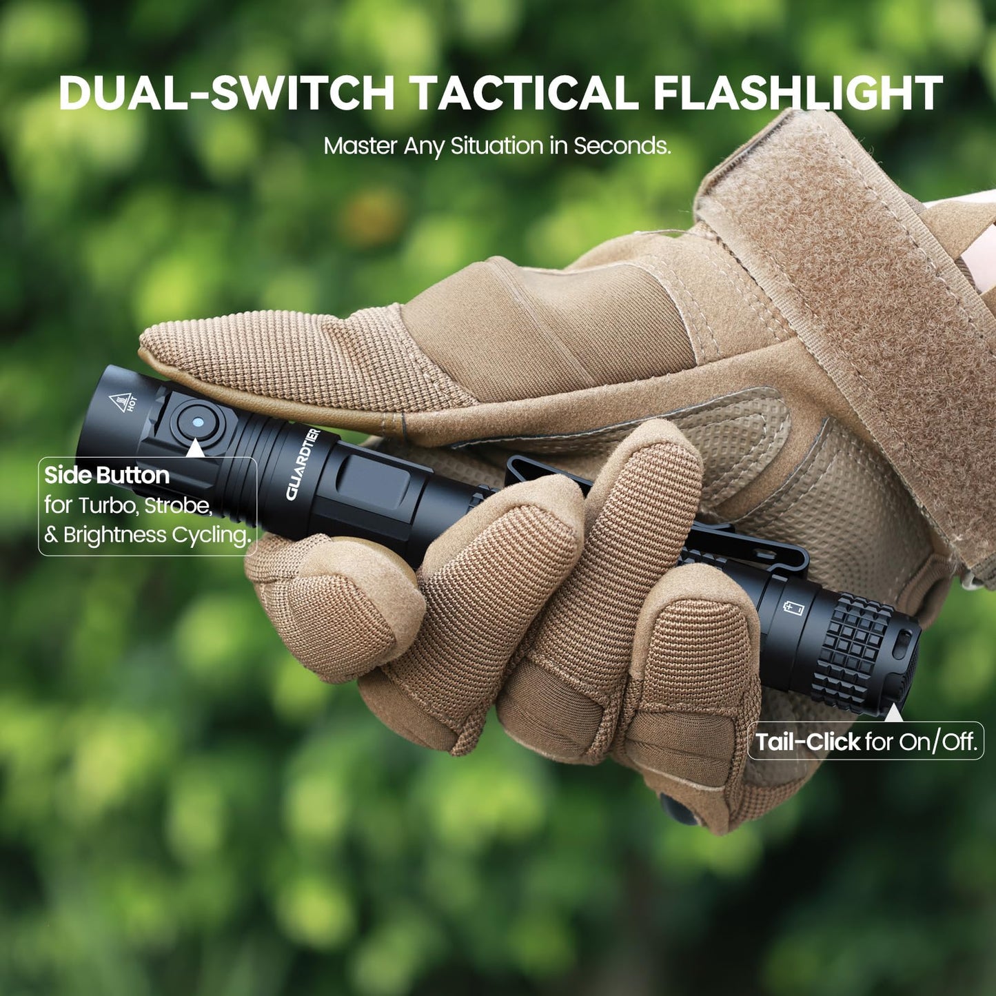 Guardtier ML70 Rechargeable Flashlight for Outdoor Working Camping/Emergencies/Outdoor Activities, Aluminum LED Tactical Penlight, USB-C, Tail Switch, 1500 Lumens, 5 Modes - Black, 6.1 in