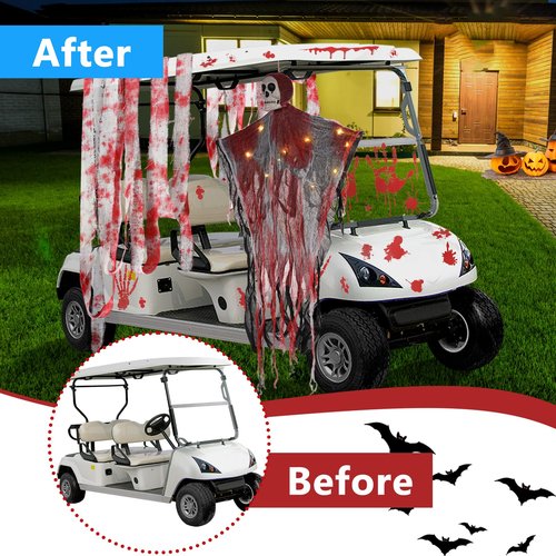Halloween Golf Cart Decoration Kit Bloody Theme Include Blood Handprint Stickers, Blood-Stained Cloth Strip & Hanging Swing Ghost with Lights for Spool-tacular Rides