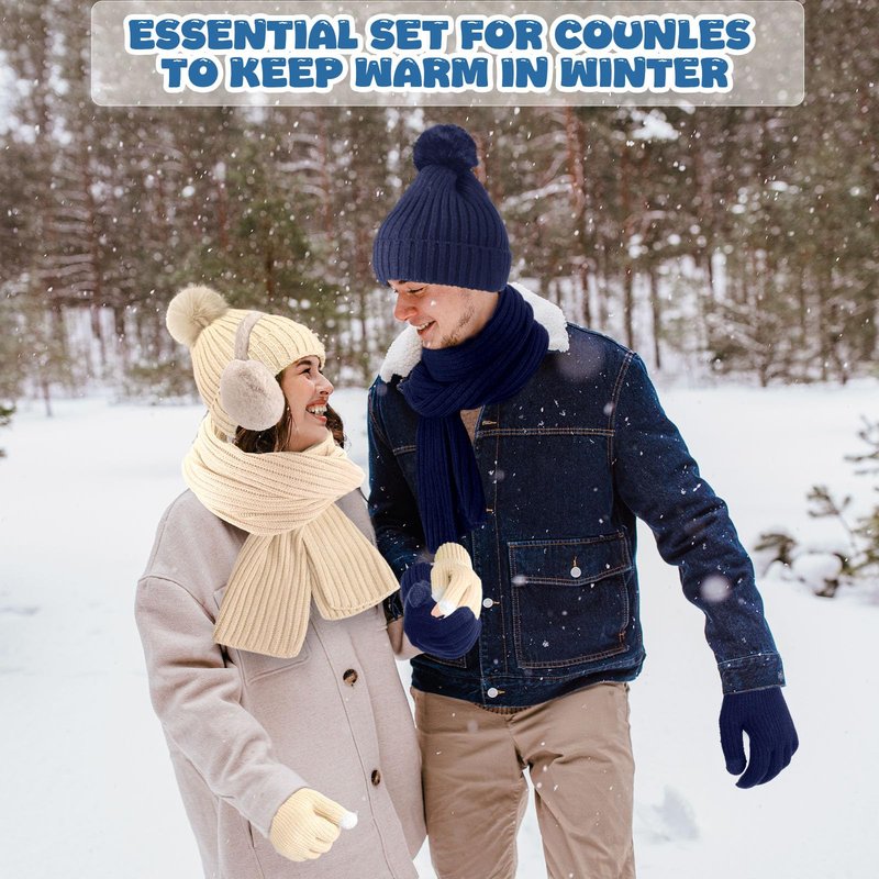 Cutecrop 10 Pcs Winter Hat Scarf Gloves Earmuffs Socks for Women Men Skiing Snowboarding Snow Shoveling Outdoor Warmth(Beige and Navy Blue)