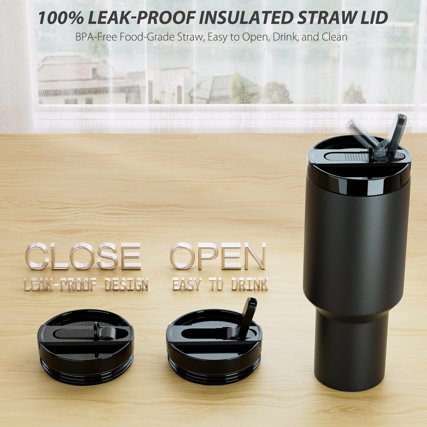 CeleVista 2 Pack 40 oz Flip Straw Lid for STANLEY Quencher ProTour and H2.0 FlowState Tumbler(Only for STANLEY Tumbler), Leakproof Lid, No Spill & Easy to Use Reusable Cover (Black)