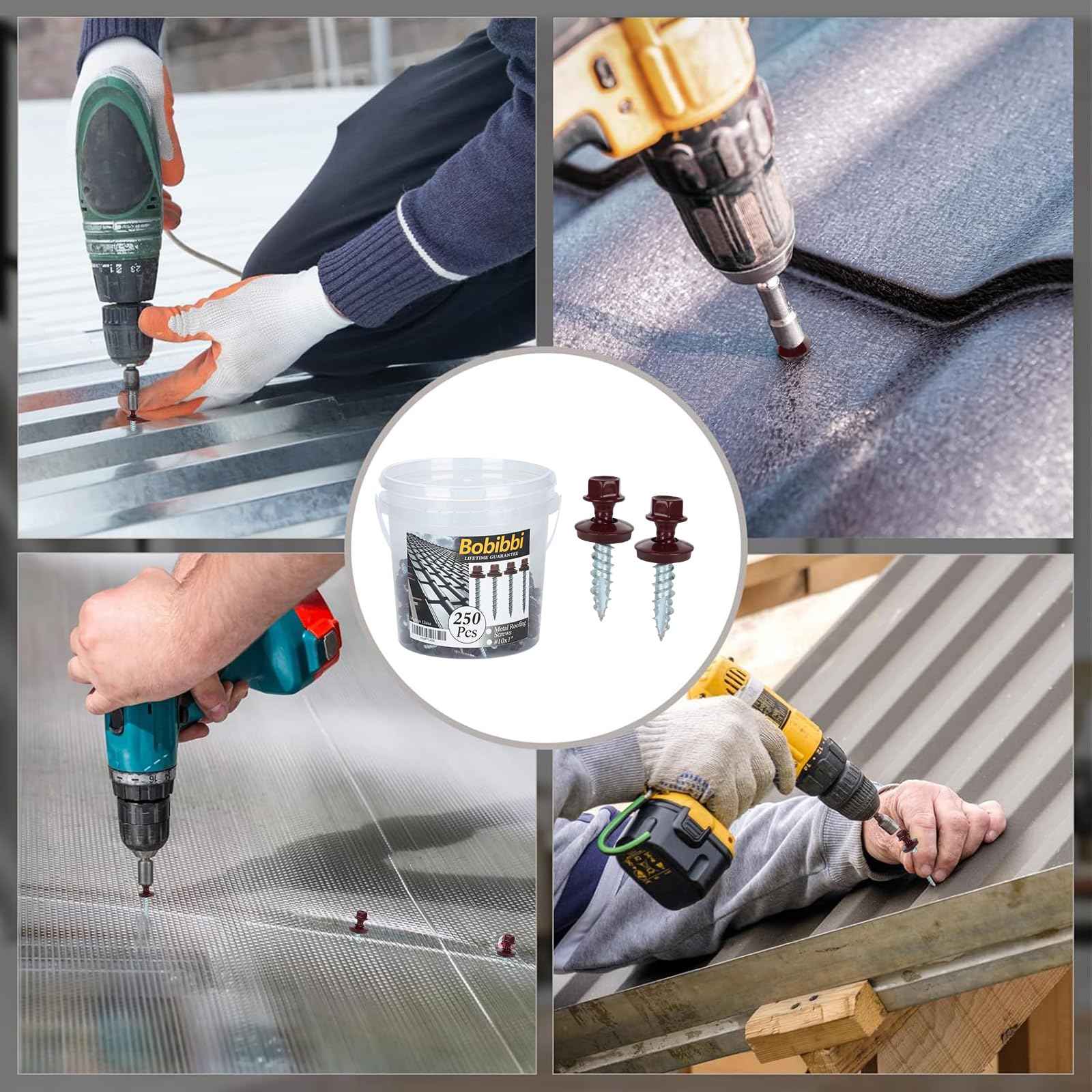 Metal Roofing Screws 10 x 1 inch, Brown Hex Head Sheet Metal Roof Screw with EPDM Washer for Corrugated Roofing (250Pcs)