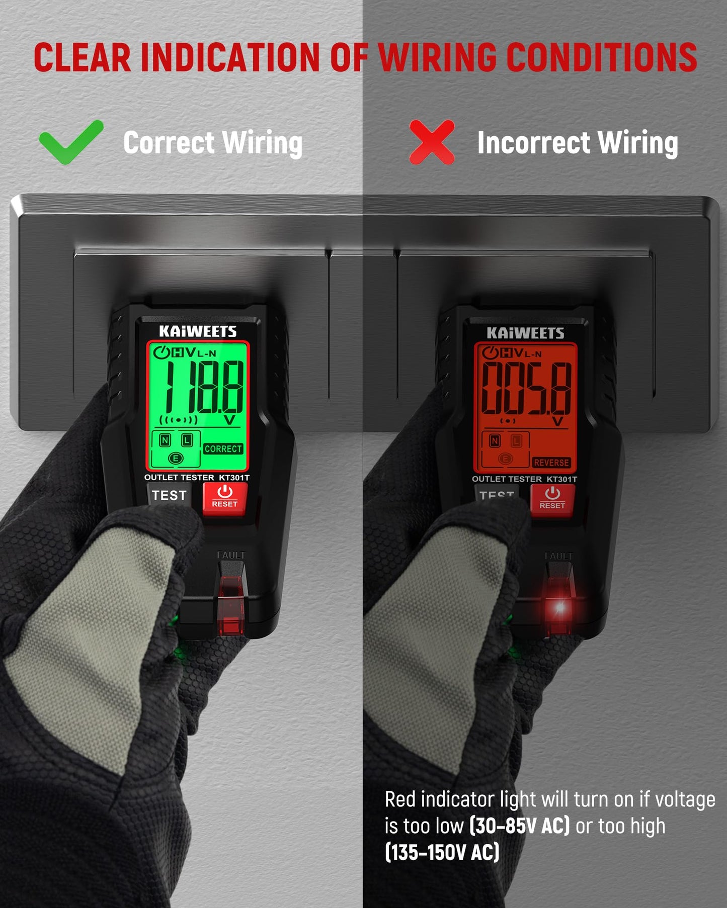 KAIWEETS GFCI Outlet Tester with LCD Display, 3-Prong Receptacle Wiring Detector, Voltage Socket Checker, Auto Hold, Electrical Diagnostic Tool for 120V AC Home Outlets