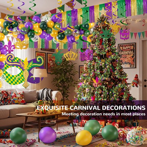 Motionchic 78 Pcs Mardi Gras Parade Golf Cart Decorations Float Golf Cart Mardi Gras Decor Purple Green Gold Balloon Tinsel Garland Banner Mask Curtain Hanging Swirl Decorations for Carnival Party