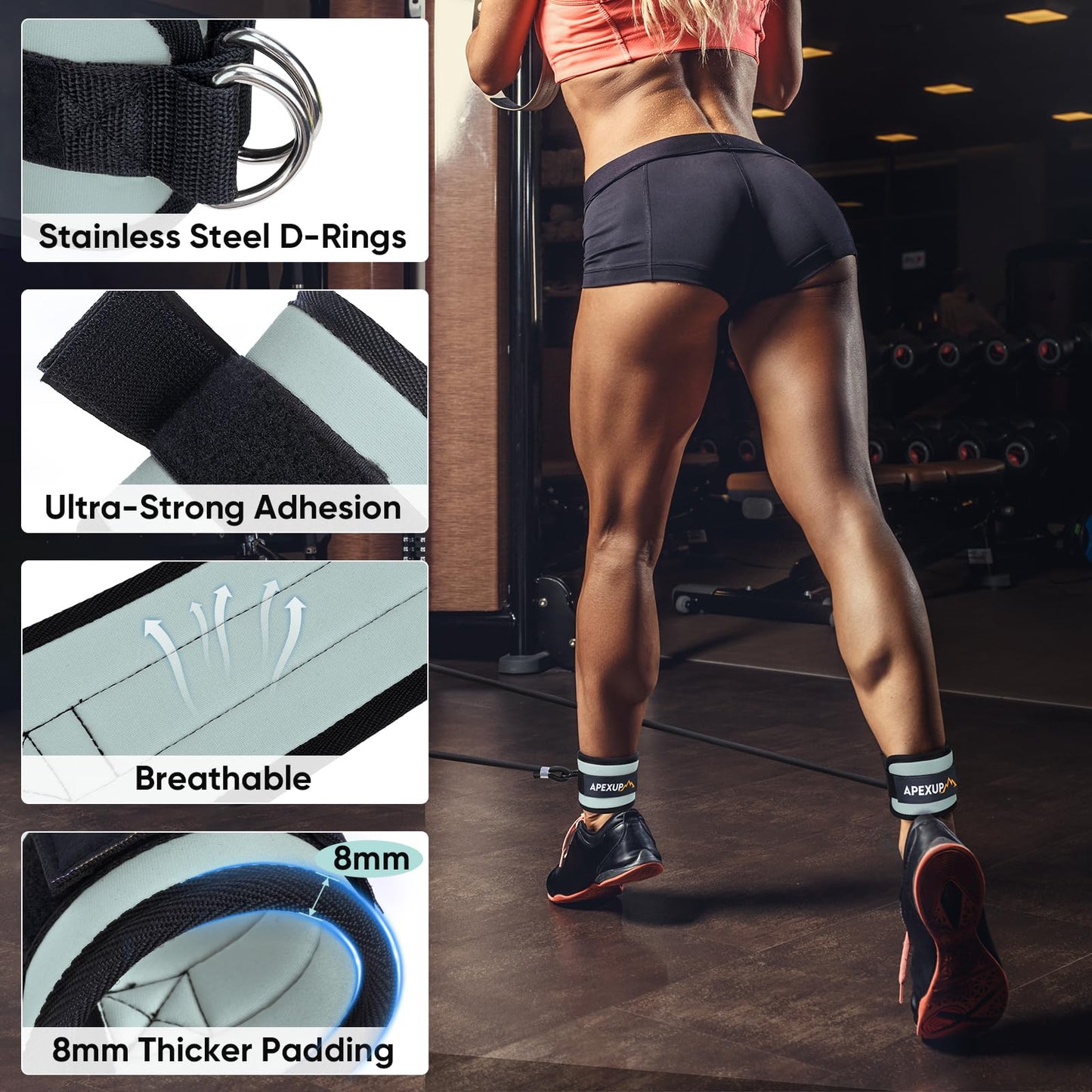 APEXUP Ankle Strap for Cable Machine, Ankle Resistance Bands, Cable Kick Back Straps for Gym, Glute Workouts, Leg Extensions, Adjustable Straps with Neoprene Padding (Pair, Pastel Blue)