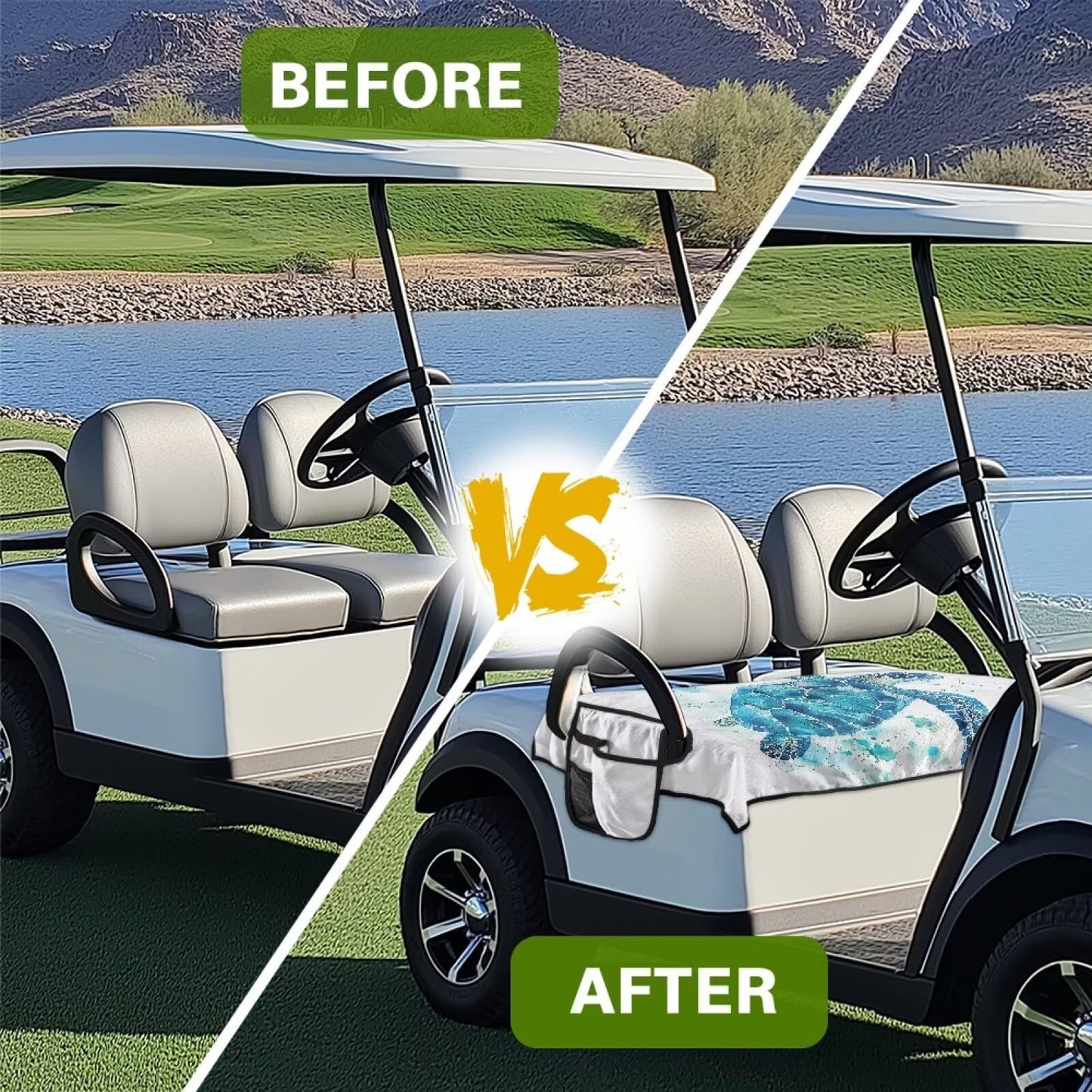 Darisoco Sea Turtle Golf Cart Towel Seat Covers Club Car Golf Cart Seat Covers with 4 Side Pockets Fits for Club Car and More 2 Person Seats Golf Carts