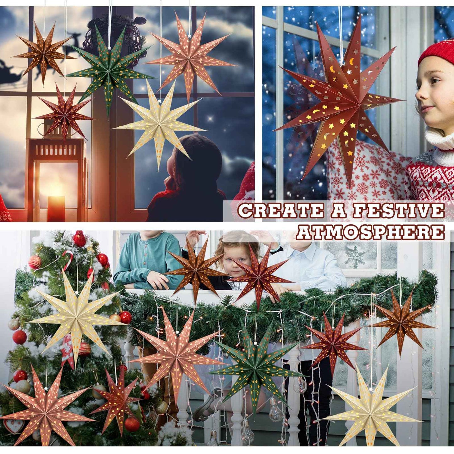 Fullhawl 5 Set 3D Paper Star Lantern - 9 Pointed Hanging Star Lampshade for Xmas Wedding Birthday Party Decor(Brown, Green, Beige, Red, 24 Inch)