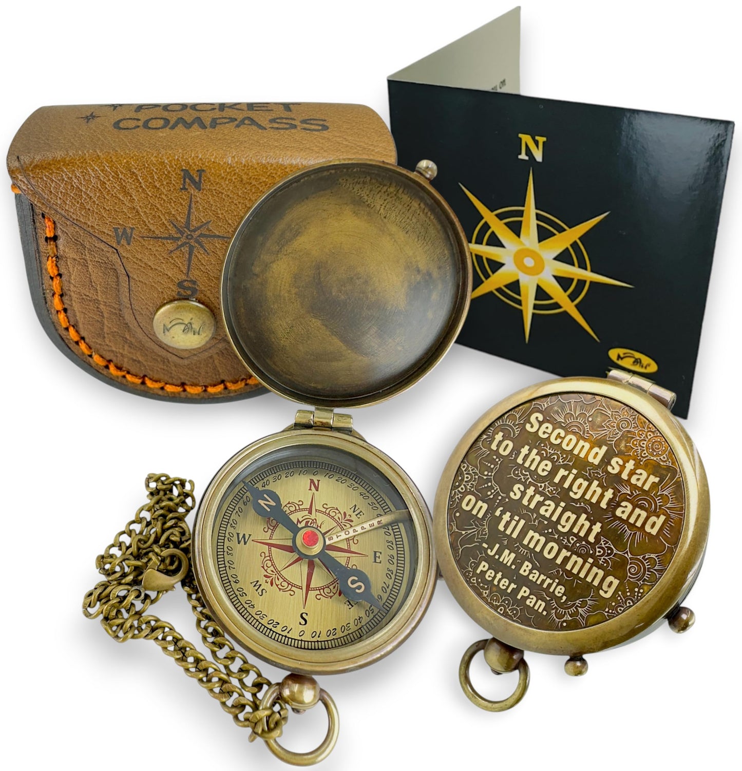 Brass Compass with “Second Star to the Right” Embossed Dial – Inspirational Pocket Compass Gift for Son, Daughter, or Friend | Motivational Keepsake for Graduation, Birthday, Christmas, or Travel gift