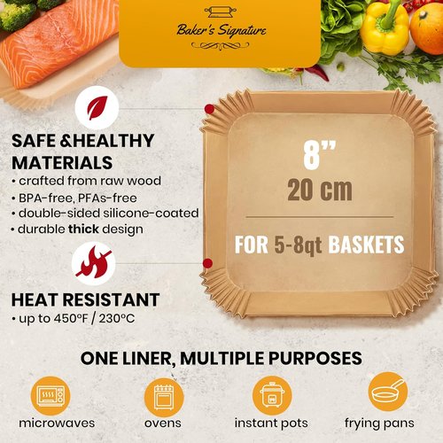 Baker's Signature Air Fryer Paper Liners - 125 Pcs Non-Stick & Oil Proof, 8” Square for 5-8 Qt Baskets