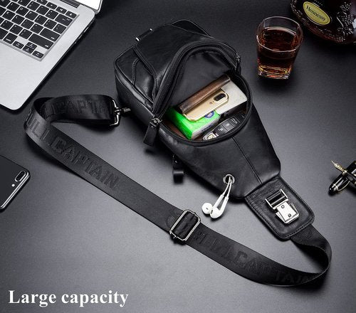BULLCAPTAIN Genuine Leather Men's Sling Shoulder Backpack Multi-pocket Crossbody Chest Bags Travel Hiking Daypack with Earphone Hole (Black)