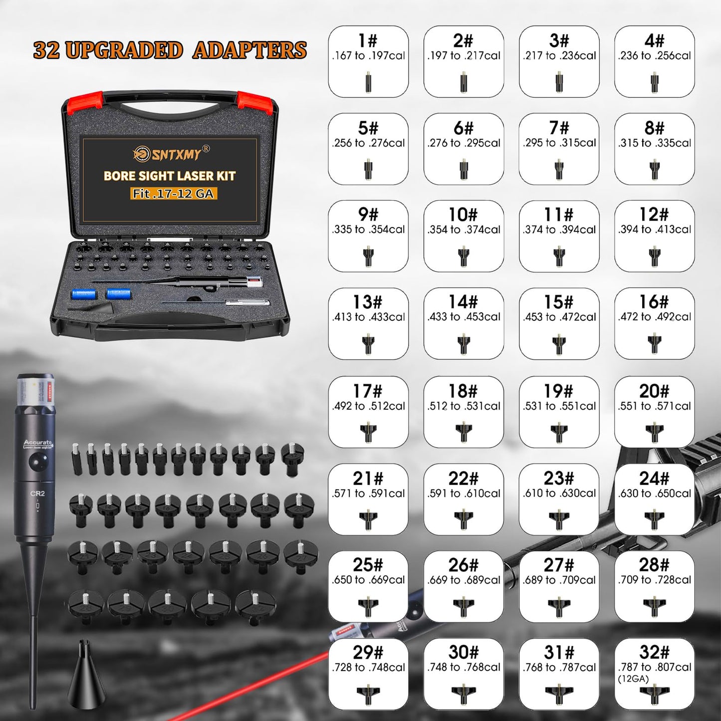 Red Bore Sight Laser Kit,Laser bore sighter with 32 Adapters for .17 HMR to 12GA Calibers.