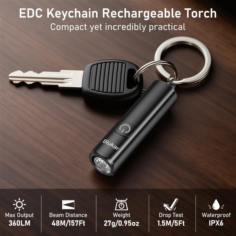 Blukar Rechargeable EDC Flashlight, 360L Mini Keychain Flash Light with 3 Lighting Modes, Memory Function, Waterproof, Compact and Portable Pocket Light for Everyday Carry, Emergency,Camping,Outdoor