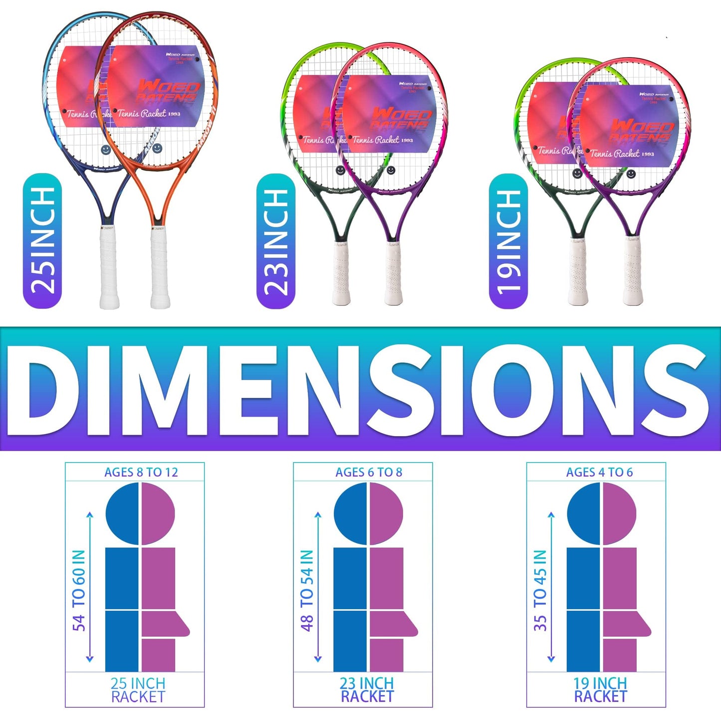 19" 23" 25" Kids Tennis Racket Junior/Youth Tennis Racquet with Tennis Ball Carry Bag Overgrips Vibrations Dampers…