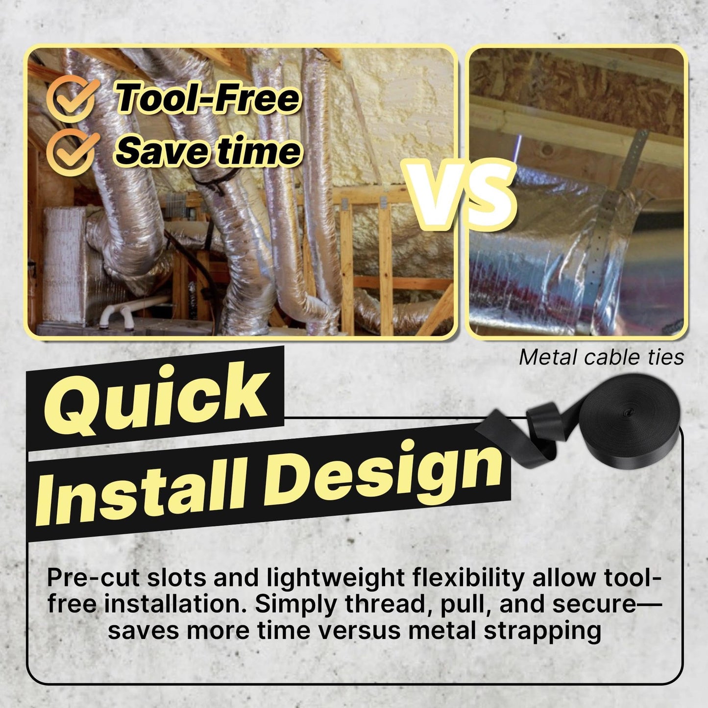 Yudylg Heavy Duty Duct Strap – 1.95 in x 147 ft Black Nylon Strapping for HVAC Duct, Durable Wrap Support Band for Building & Home Improvement