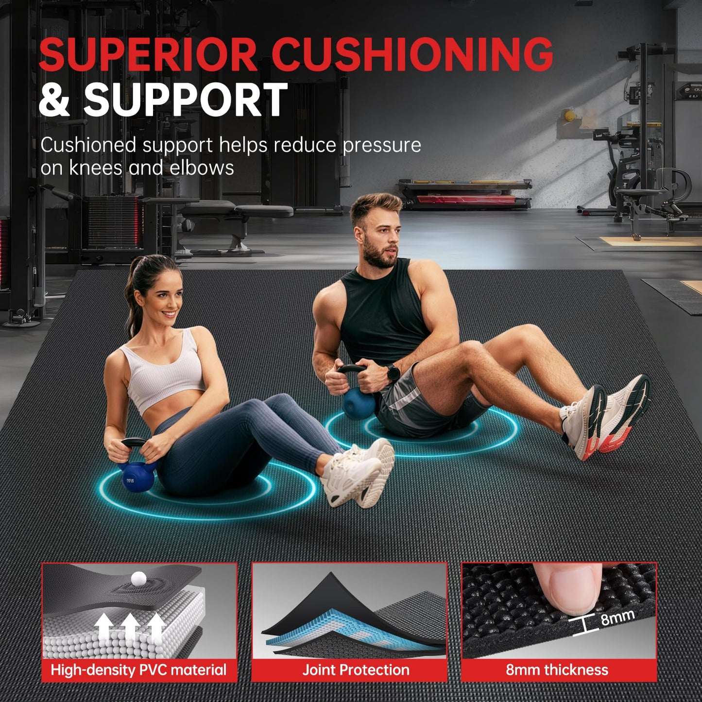 GymCope Extra Large Exercise Mat, 10'x6'/9'x6'/8'x6'/7'x5'/6'x4'(8mm) Thick Workout Mat for Home Gym & Garage Flooring, Shoe-Friendly, High-Density, MMA, HIIT, Weight Lifting, Cardio&Strength