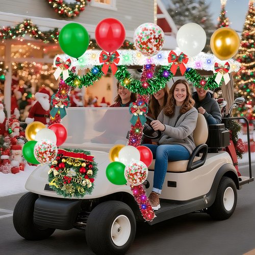 LAIAMER 48Pcs Christmas Golf Cart Decoration Kit, Parade Golf Cart Christmas Decoration Kit - Lights String/Xmas Wreath/Bow/Red Green White Tinsel Garland/Balloons with Glue for Xmas Carts Decor