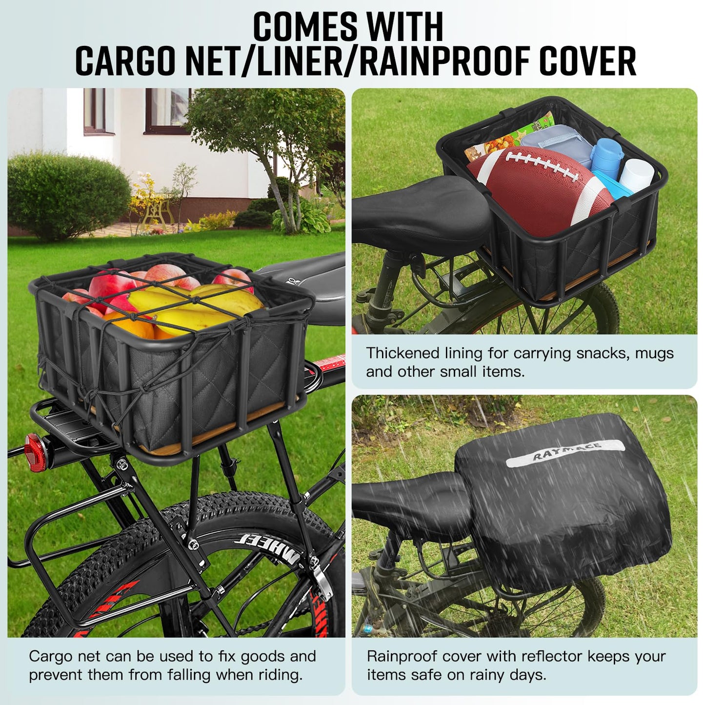 RAYMACE Bike Basket Rear, Bamboo Base Bicycle Basket with Rainproof Cover, Liner & Cargo Net, Large Capacity Rear Bike Rack Baskets Fits Most Bikes & E-Bike