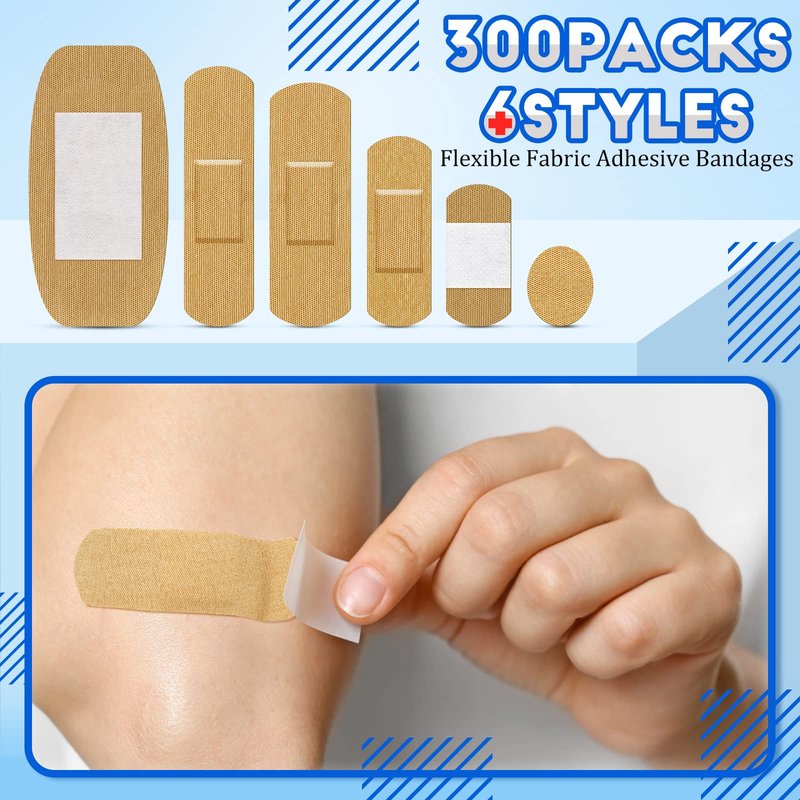 Assorted Flexible Fabric Adhesive Bandages - Family Variety Pack, Small Comfortable Fingertip & Round Cloth Bandages (300 Pieces)