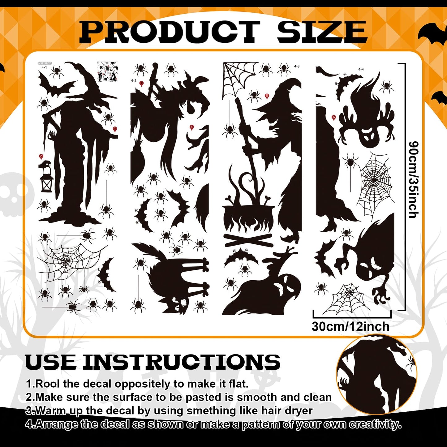 Cholemy Halloween Wall Decals - 4 Sheets, 35.4 x 11.8 Inch Large Witch Spider Bat Pumpkin Stickers, Removable Clings for Home Party Decor Supplies