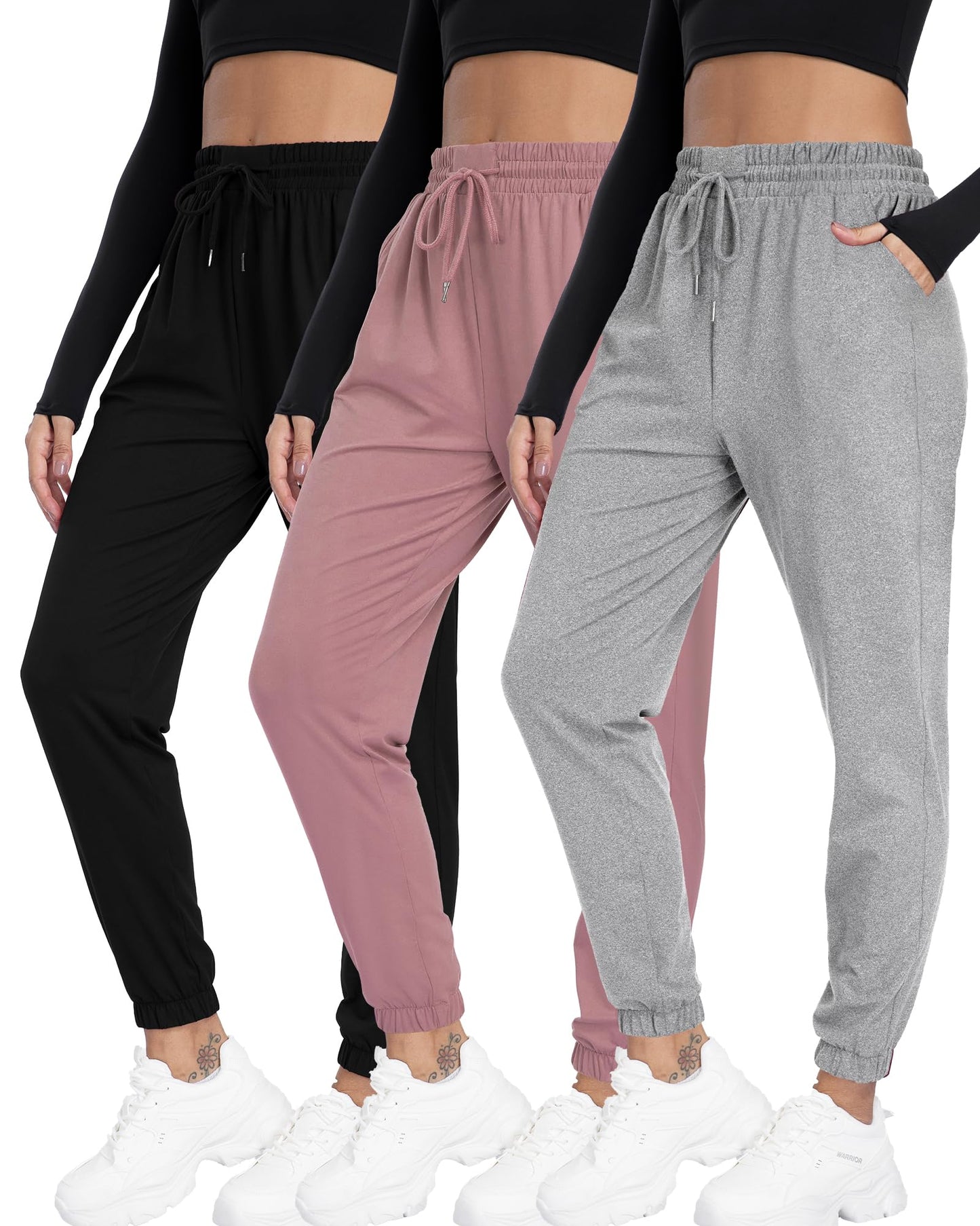 Mgput 3 Pack Womens Joggers with Pockets Lightweight Drawstring Sweatpants for Women 801-L-B/LPUR/LGRY
