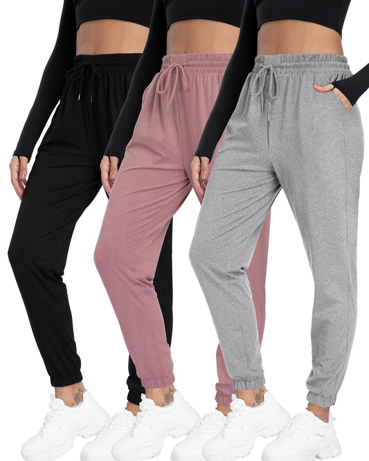 Mgput 3 Pack Womens Joggers with Pockets Lightweight Drawstring Sweatpants for Women 801-L-B/LPUR/LGRY