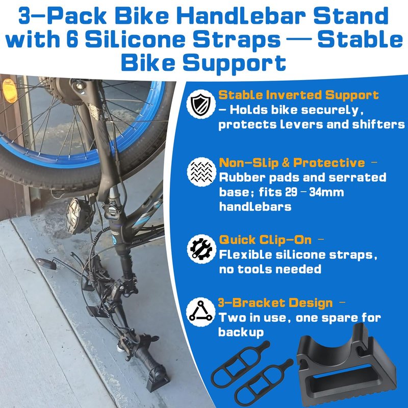 Stitokg (3-Pack) Bike Handlebar Stand with 6 Silicone Straps, Quick-Release Bracket for 29–34mm Grips, Stable Clip-On Support for Inverted Parking & Bike Maintenance, MTB Road & E-Bike Repair Tool