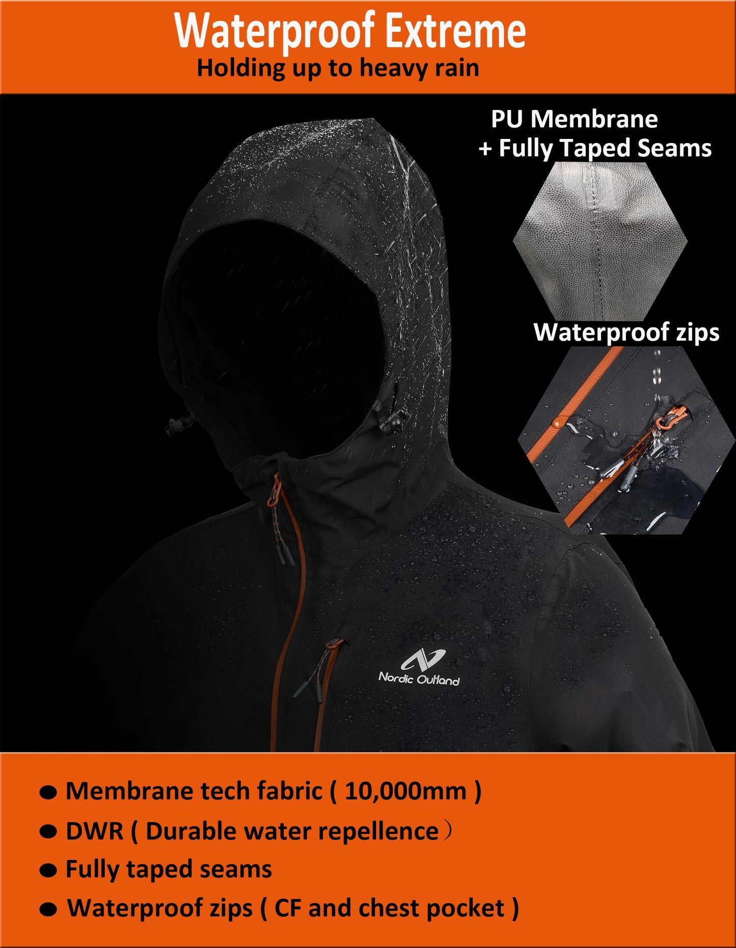 NORDIC OUTLAND Mens Rain Jacket with Mesh Lining,Waterproof Breathable Raincoat,Hooded Windbreaker for Outdoor (Large, Black)