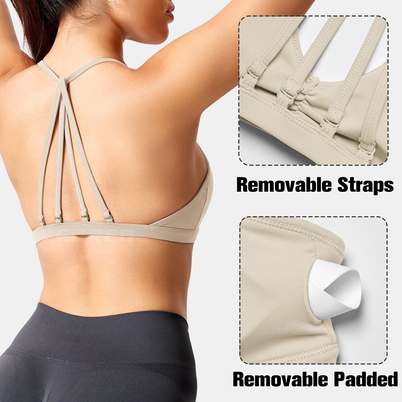 YEOREO Workout Sports Bras for Women Padded Strappy Open Back Gym Bra Light Impact Criss Cross Yoga Crop Top Light Khaki-M