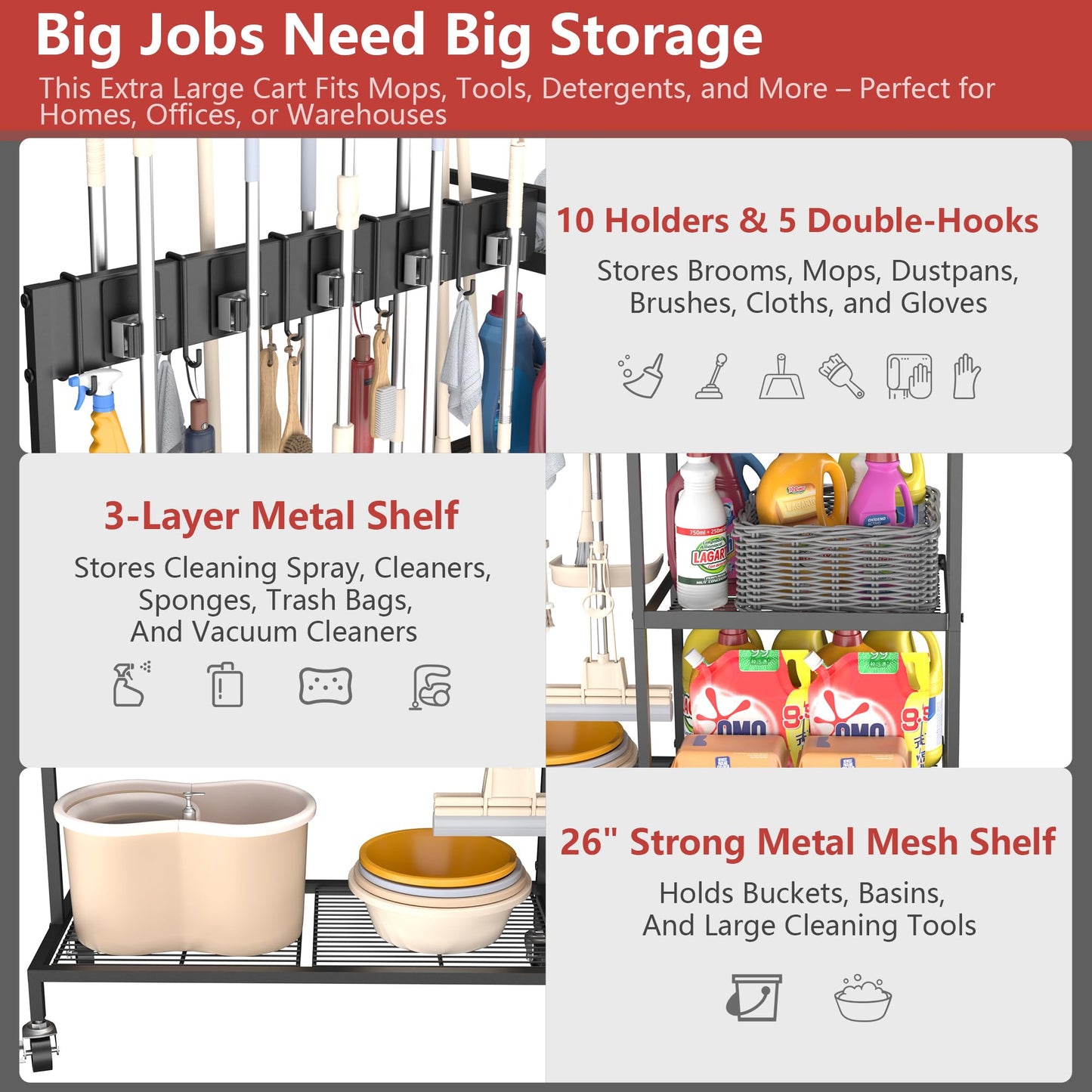 GIOTORENT Metal Cleaning Cart with Wheels - Rolling Broom Holder & Supplies Organizer, 10 Adjustable Clips, 5 Double-Hooks, 3-Tier Shelves, Brakes for Home, Commercial, Black