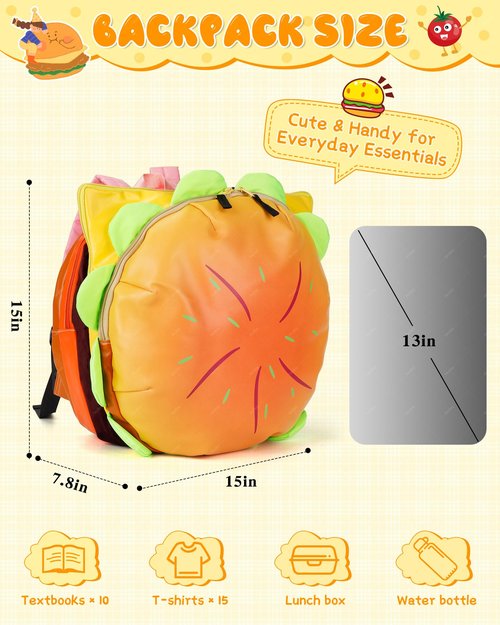 Hkufpq Cheeseburger Backpack, Hamburger Food Shaped Novelty Daypack, Multi-Compartment Burger Backpack