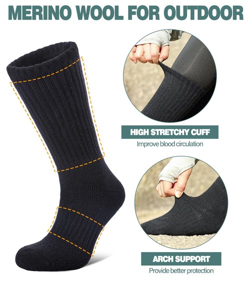 LANLEO Merino Wool Hiking Socks for Women Men Thermal Winter Warm Thick Cushion Moisture Wicking Crew Work Boot Socks 5 Pairs Solid Color C,Large