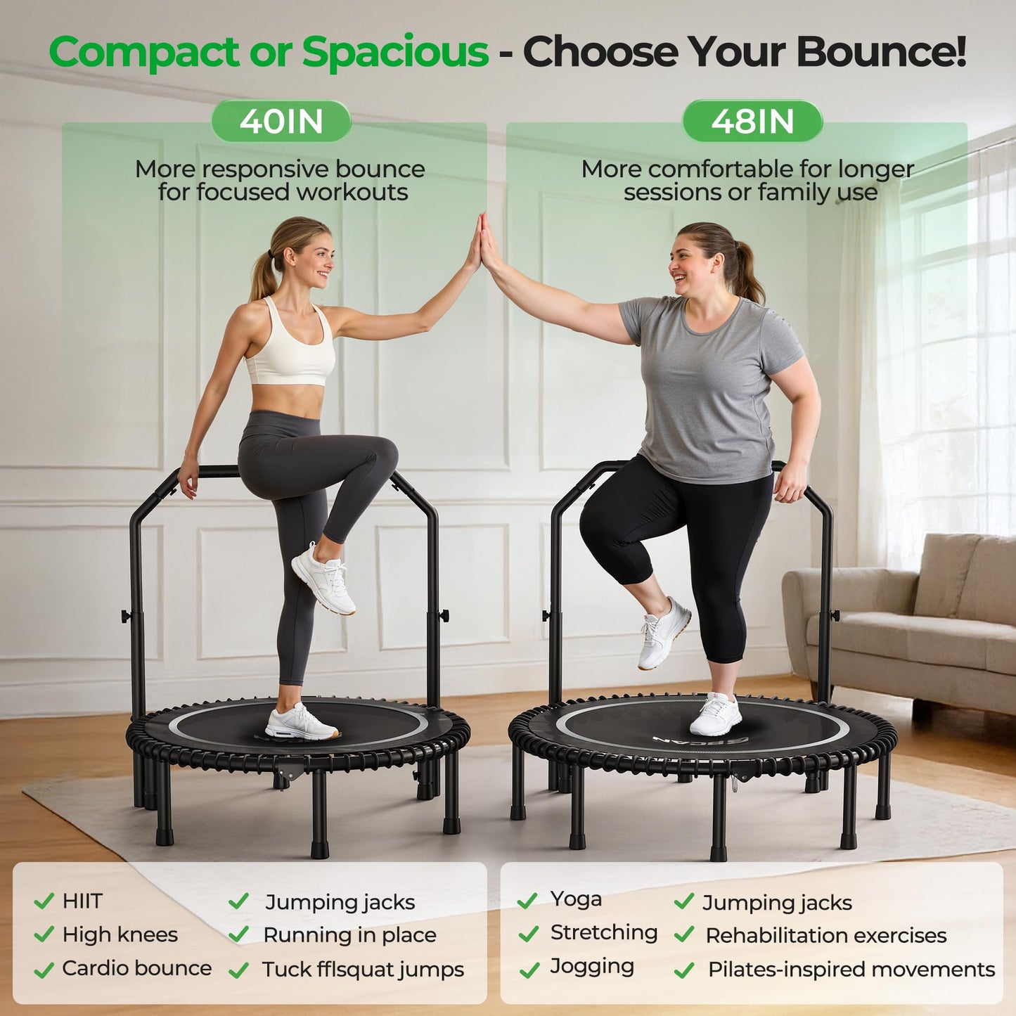 BCAN BT2 450/550LBS Mini Rebounder Trampoline for Adults with Bar, Fitness Trampoline with Bungees, Adjustable Handle, Stable & Quiet, Indoor Outdoor, Whole-Body Workout & Relaxation at Home-48IN-SLV