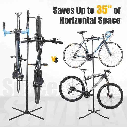 CyclingDeal Bike Vertical Freestanding Hanger Parking Rack - Fully Adjustable Gravity Storage Floor Stand - Safe & Secure for Hanging MTB Road Bicycles in Garage or Home - 2 Bikes Vertical