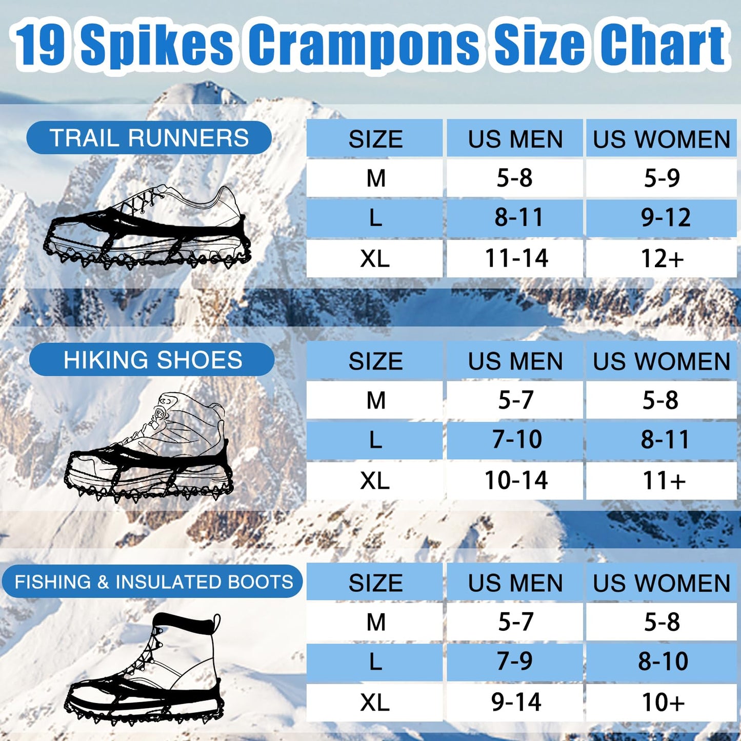 Crampons 19 Spikes Shoes Anti Slip Ice Cleats for Shoes and Boots, Traction Snow Cleats Crampons for Hiking Boots Women Men Safe Protect for Winter Walking Hiking Ice Fishing, Size XL