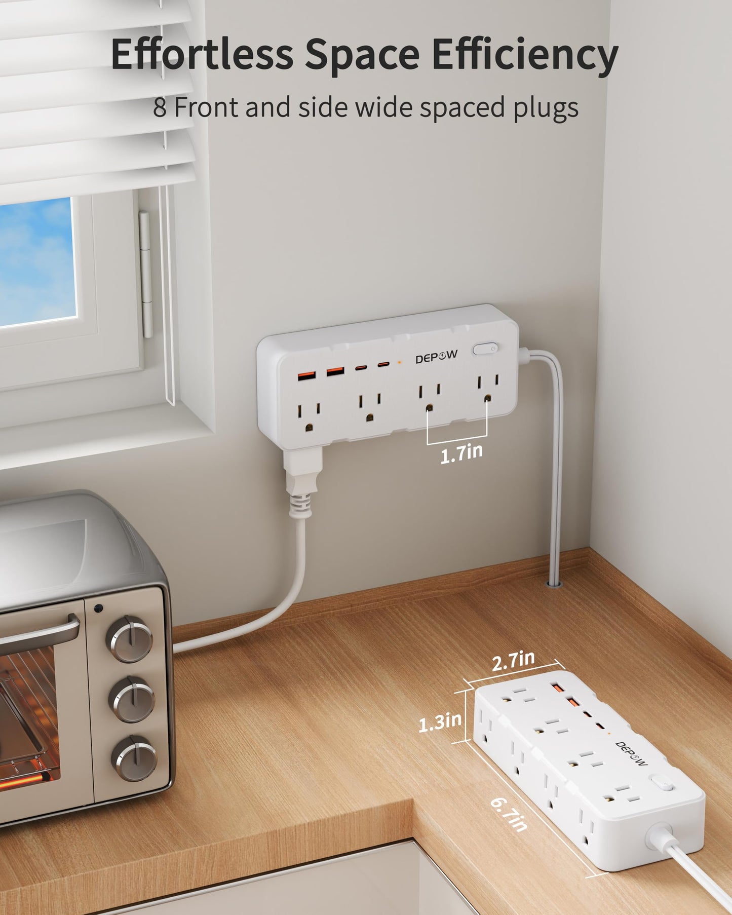 DEPOW 2 Prong Power Strip, 2 to 3 Prong Outlet Adapter with 8 AC & 4 USB Ports (2 USB C), 5FT Extension Cord, 1700J Two Prong Surge Protector, Wall Mountable, Ideal for Old House Non-Grounded Outlets