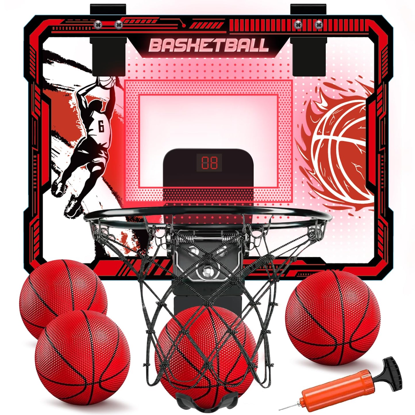 TALGIC Basketball Hoop Indoor, Over The Door Basketball Hoops with LED Lighting, Mini Hoop with Electronic Scoreboard, 4 Balls & Pump, Basketball Gifts for 5 6 7 8 9 10 11 12 Year Old Boys Girls