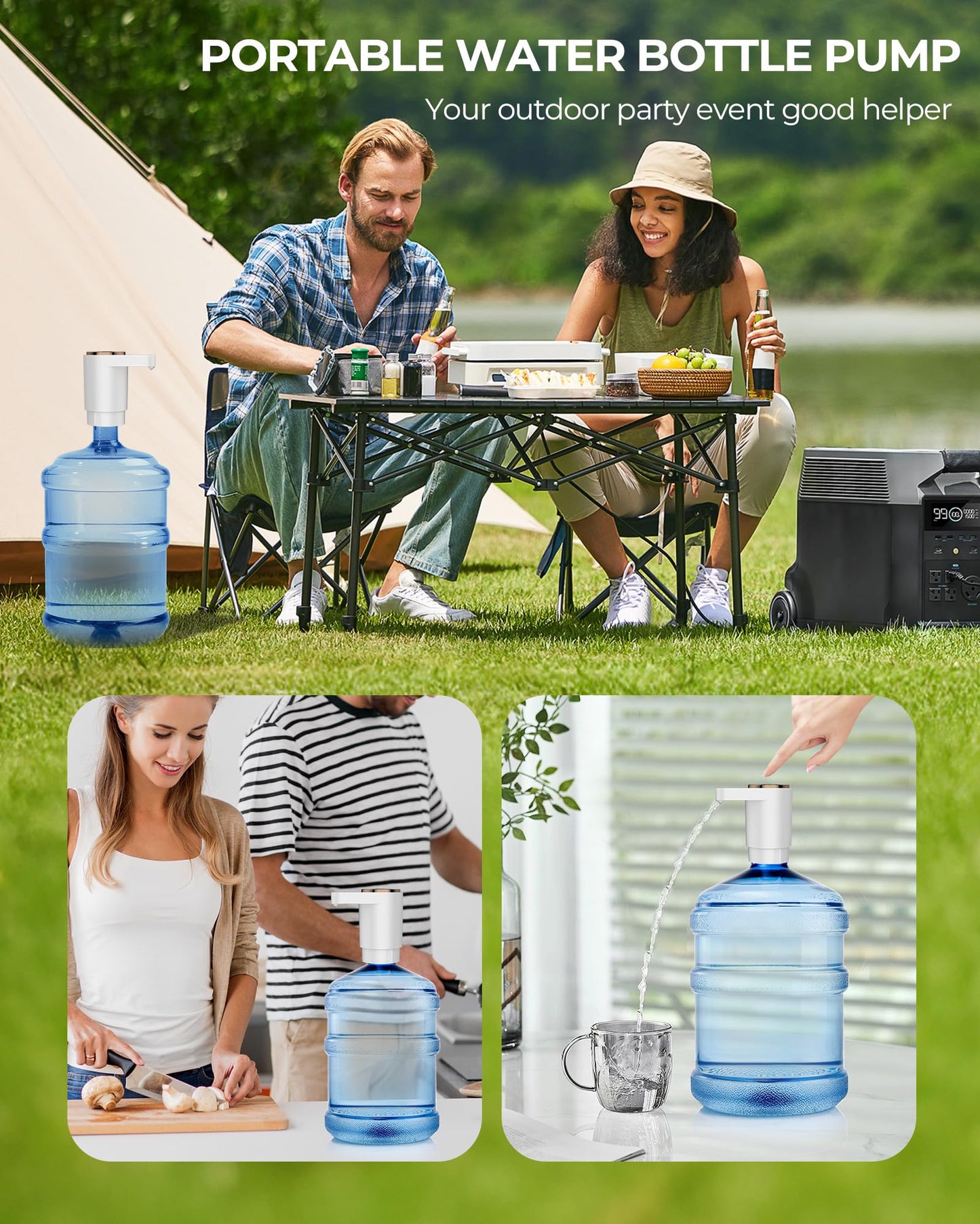 CozyCharm Water Bottle Pump, Portable Electric Water Dispenser Pump for 5 Gallon Bottles - USB Charging, Automatic Switch, Rechargeable Battery for Home Kitchen Room Camping, White