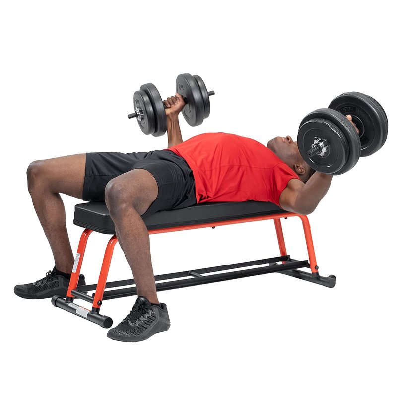 Sunny Health & Fitness Power Zone Strength Flat Bench with Dumbbell Rack and Transport Wheels - SF-BH6996, Black