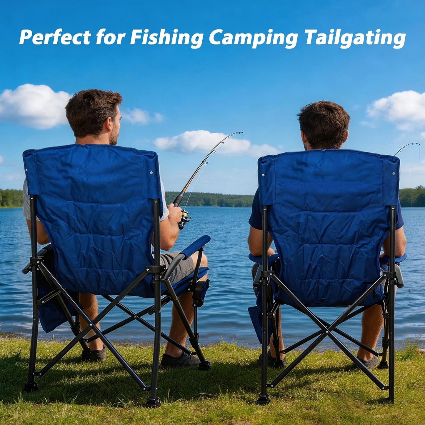 Romswi Heavy Duty Folding Camping Chairs - 500 LBS Capacity, Oversized with Cup Holder & Side Pocket | 2 Pack