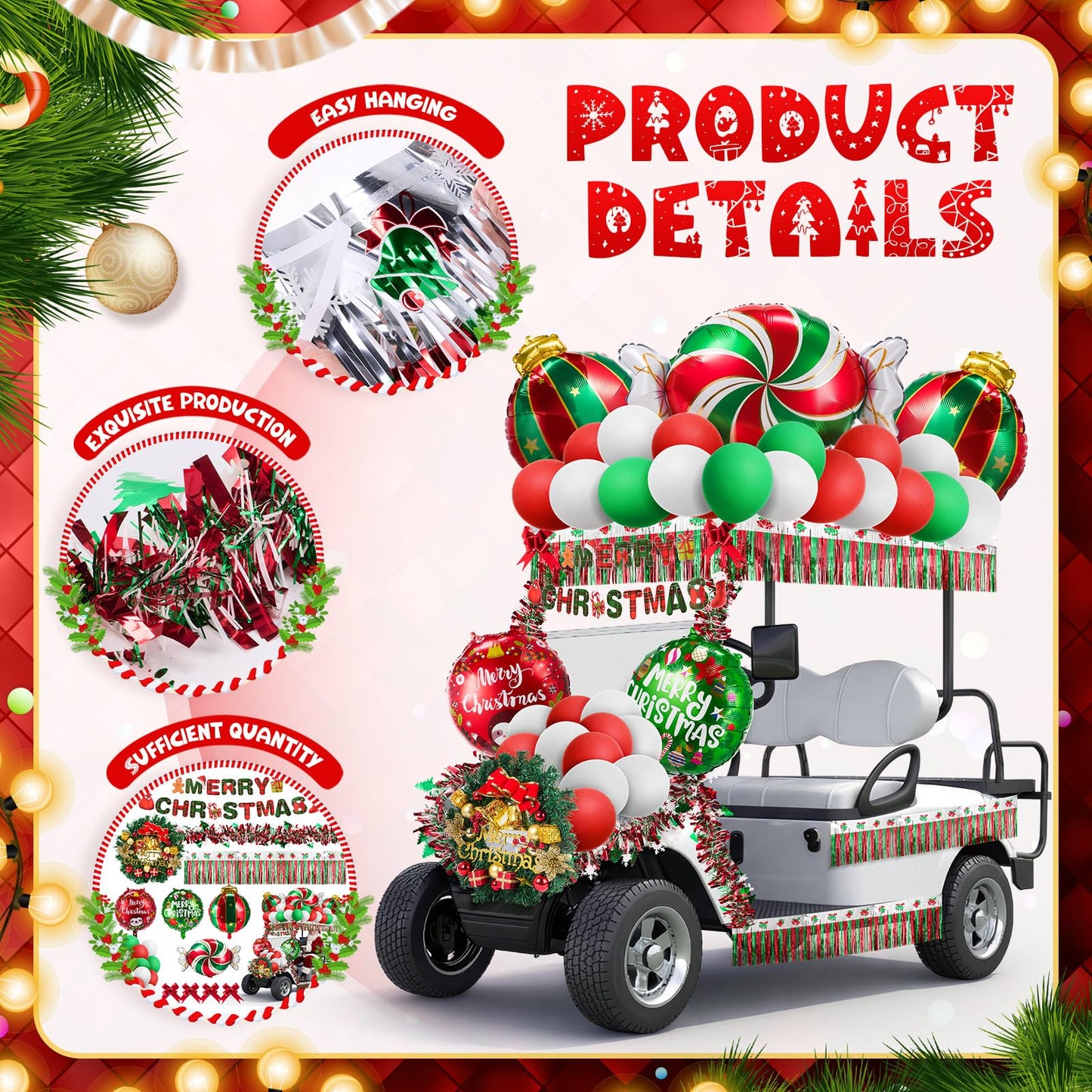 JolliLudo 68 Pcs Christmas Parade Golf Cart Decoration Kit with Red Green White Themed Tinsel Garland, Bows, Banner, Balloons and Stickers for Holiday Parade Party Supplies