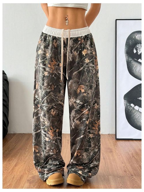 SOLY HUX Women's Camo Pants Wide Leg Baggy Sweatpants Elastic Waist Drawstring Loose Pants Trendy Y2K Drawstring Trousers Green Camo Small