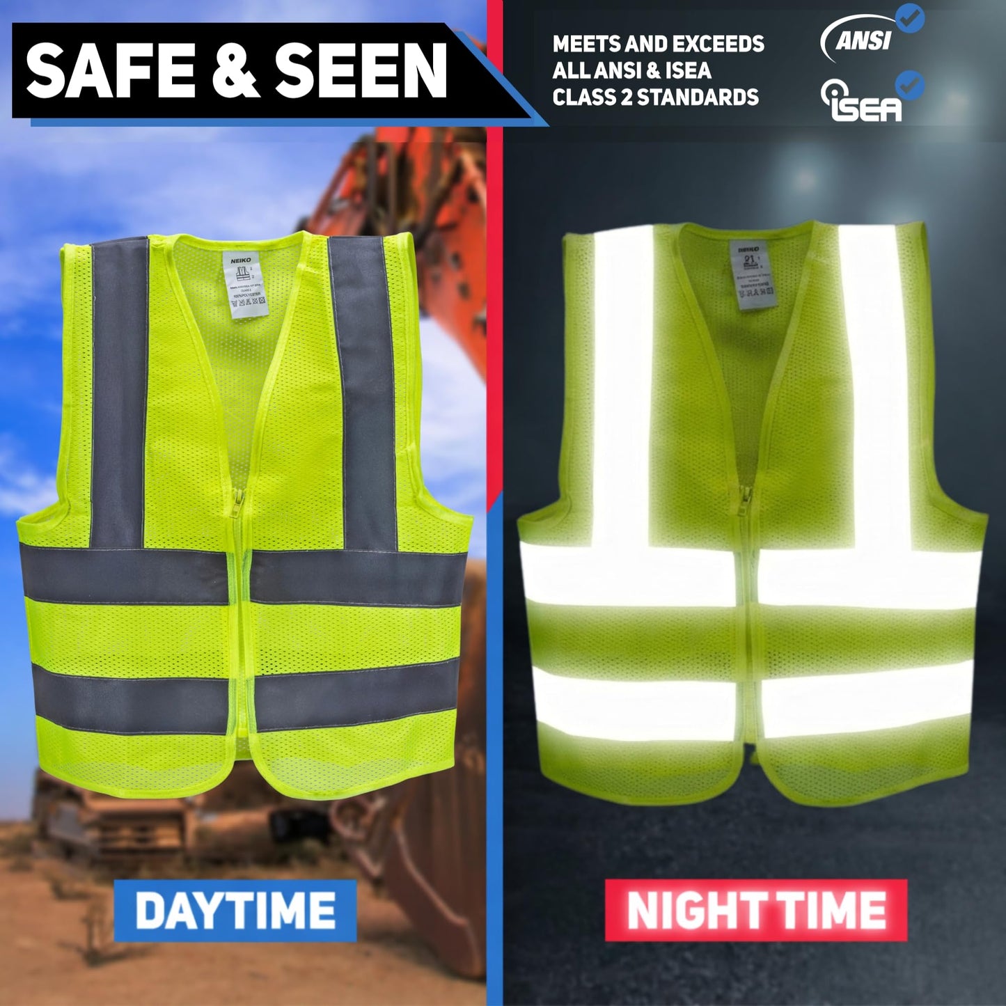 Neiko High Visibility Safety Vest ANSI Class 2, No Pocket, Neon Yellow, XX-Large (2XL)