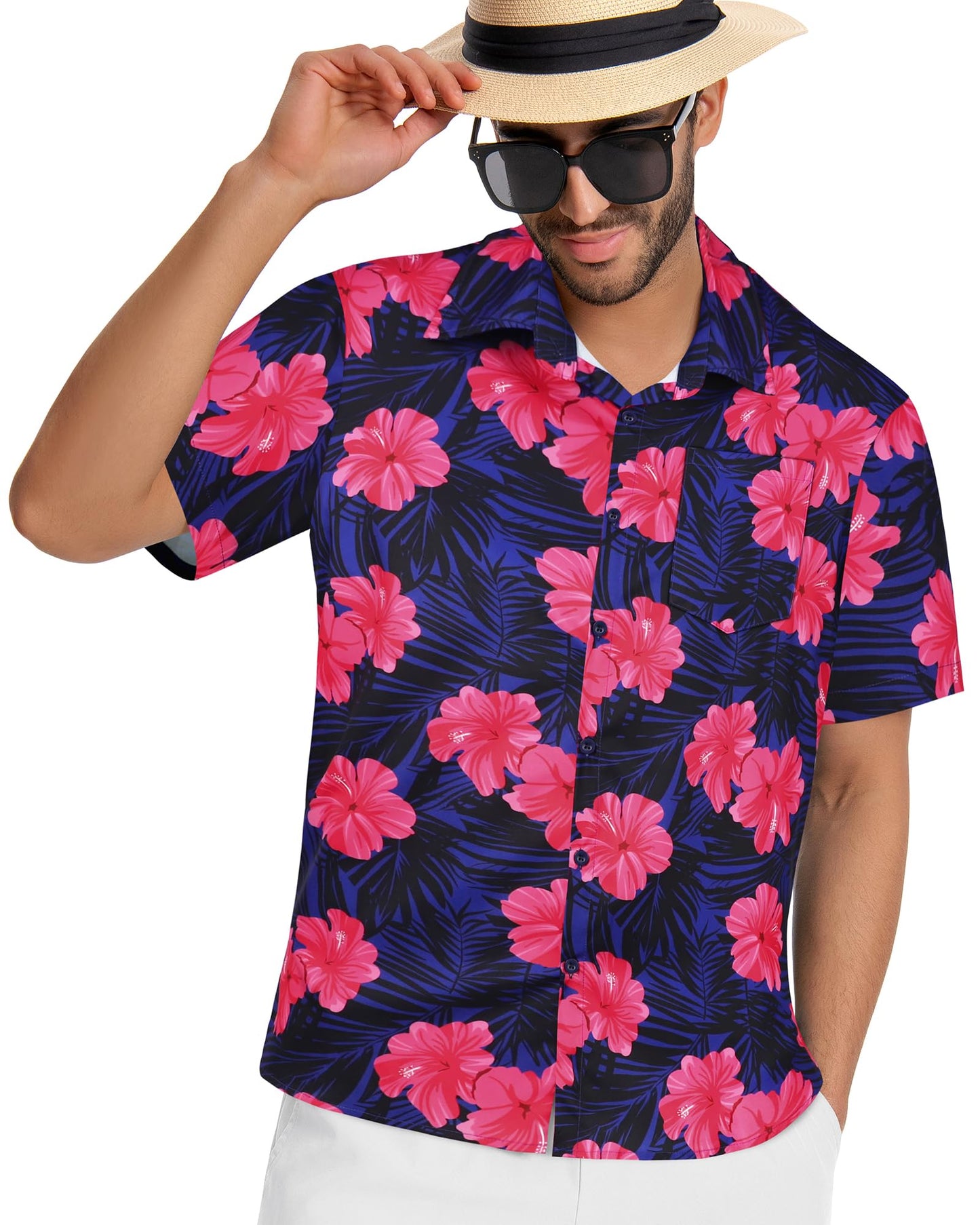 Mens Hawaiian Shirt Short Sleeve Summer Beach Casual Tops Button Down T Shirts with Pocket(Pink Navy Floral,XL)