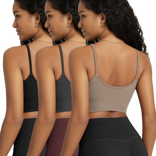 ODODOS 3-Pack Seamless Sports Bra for Women Ribbed Camisoles Non Padding Yoga Bra Crop Tank Tops, Taupe+Black+Charcoal, X-Large