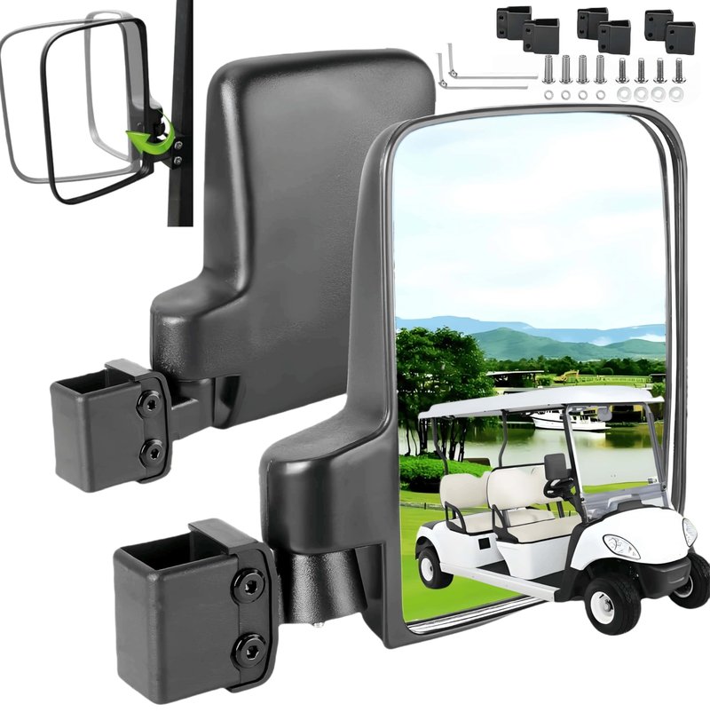 WUKO HUNT Golf Cart Side Mirrors - No Drilling Extra Large HD Glass, Universal Fit for EZGO, Yamaha, Club Car & EPI. 180° Adjustable Folding Rear View Mirrors with 3 Size Clips