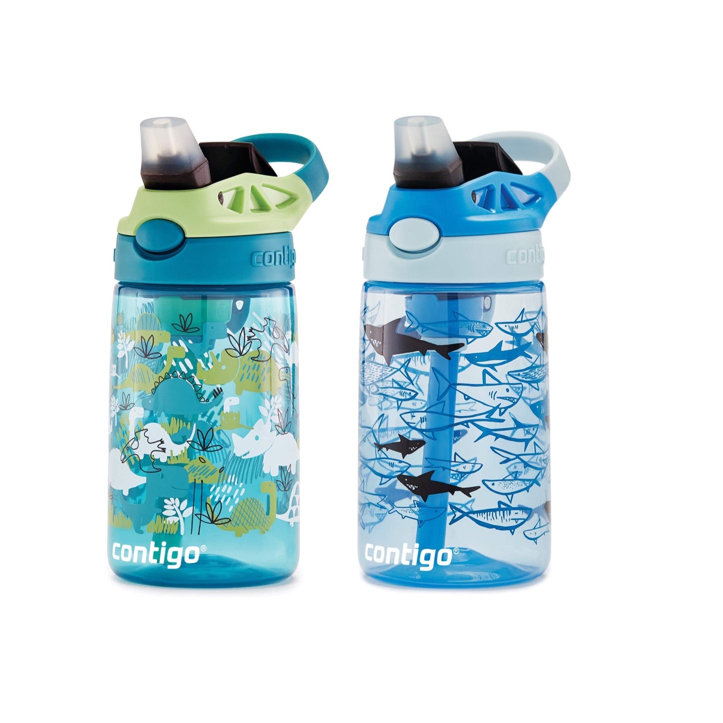 Contigo Aubrey Kids Water Bottle,14oz,Dinos & Sharks,Spill-Proof Lid,Dishwasher Safe,Blue & Green,(Pack of 8)