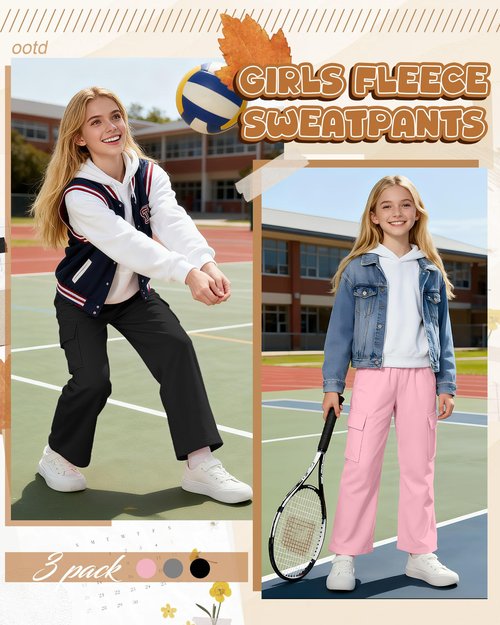 LessonZoo 3 Pack Girls Thermal Fleece Cargo Sweatpants 5-14y 4 Pockets Kid Warm Wide Leg High Waist Baggy Casual Pants Jogger(Pink, Heather Gray, Black,9-10 Years)
